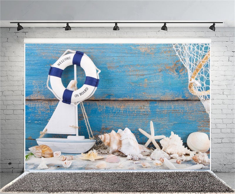 AOFOTO 7x5ft Nautical Backdrop Baby Shower Lifebuoy on Old Blue Wooden Photo Background Marine Style Life Ring Boat Starfish Conch Shells Kid Baby Infant Boy Art Portrait Photoshoot Studio Props Vinyl - Image 1